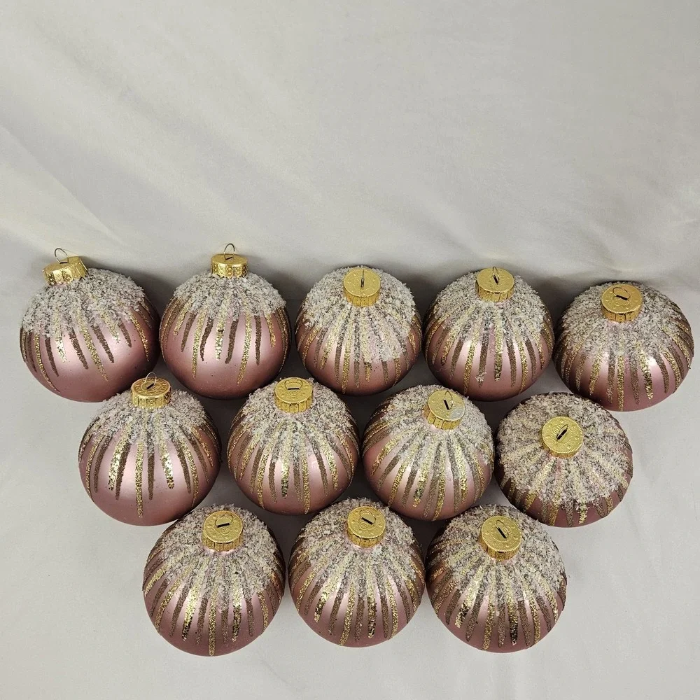 Large Opulent Pink Gold Round Mercury Glass Christmas Ornaments Set of 12